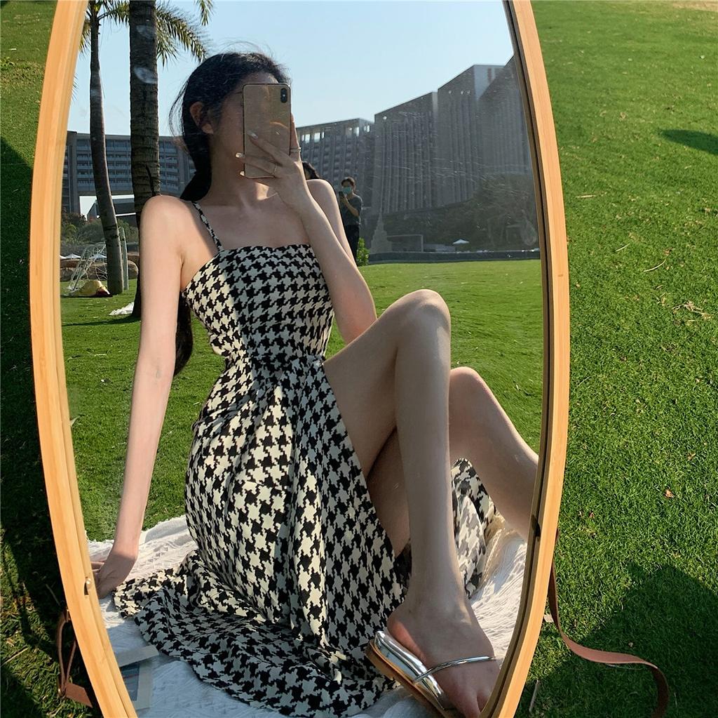 French Dress Women's Split Dress Houndstooth Suspender Dress Summer Temperament Sexy Dress A-line Dress