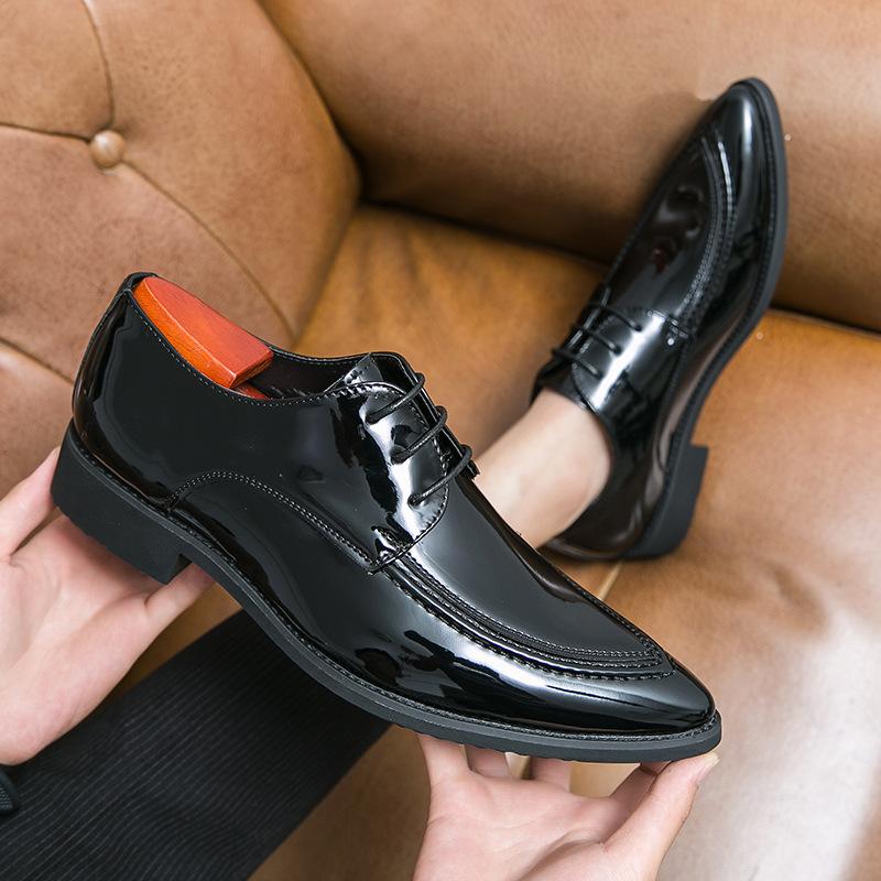 Leather shoes new breathable soft-soled glossy youth casual British pointed business inner height-increasing wedding shoes