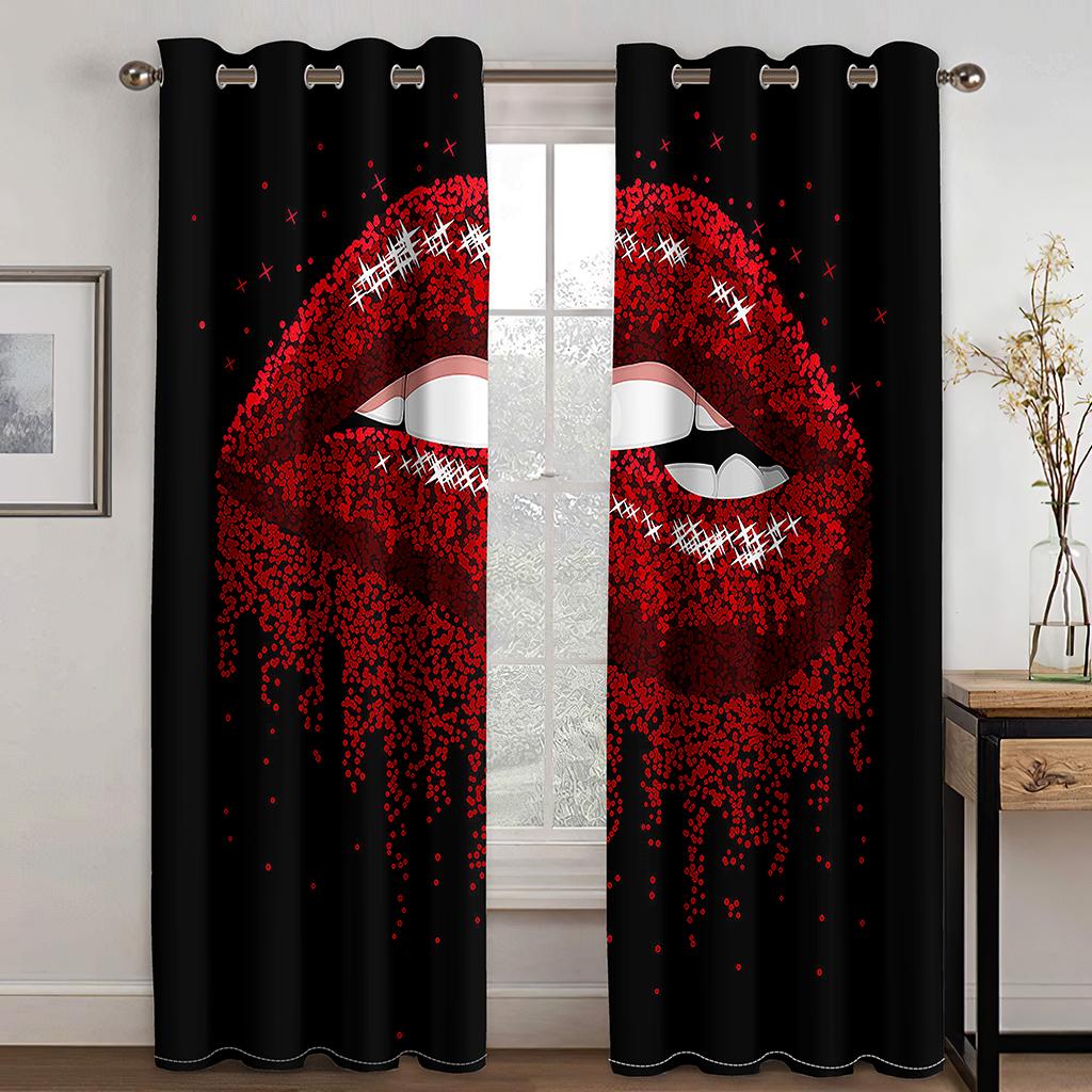 Sexy Red Lips Rainbow Abstract Art Mouth Girl Light Filtering Drapes Window Curtains for Living Room Bedroom 2 Pieces Decor