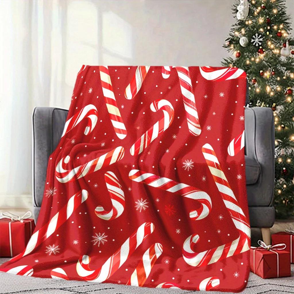 Christmas Candy Cane Flannel Blanket Festive Red White Snowflake Pattern Soft Cozy Throw for Xmas Decor Couch Bed Living Room