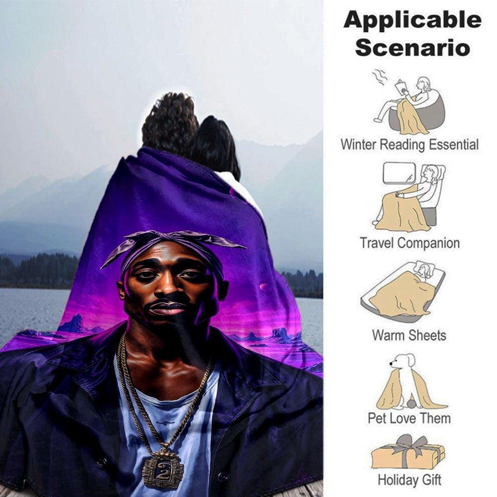 1pc 2PacHip Hop Blanket Soft Lightweight All Season Multi Purpose Throw for Sofa, Bed, Office & Picnics, French Style with Iconic Album Art & Quotes