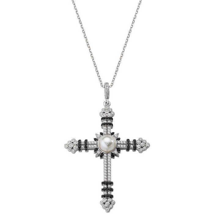 Collier - Amen - Argent 925 - Zircons blancs et noirs - Longueur 40+5cm - Croix 5cm