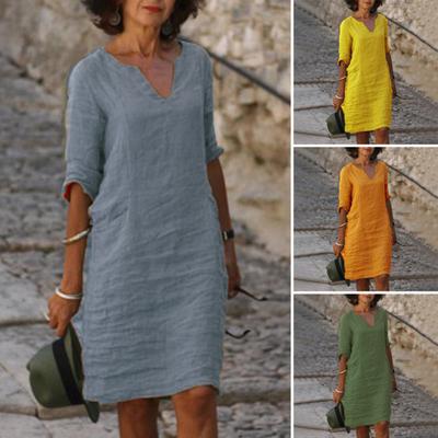 Summer Lady Dress V Neck Three Quarter Sleeves Loose Solid Color Knee Length Simple Style Wear Commute Midi Dress