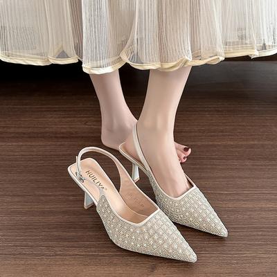 B813-ES83 Temperament 2025 Spring and Summer Sequined Bag Head Empty Sandals Fairy Pointed Thin Heel High Heel Single Shoes