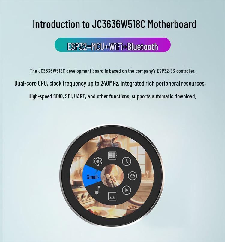 ESP32 Dev Board with 1.8" Round Capacitive Touchscreen, Smart Display, and Audio Spectrum Analyzer for AI Voice Chat.