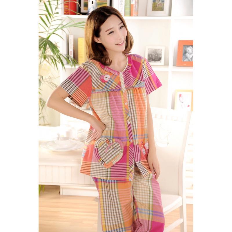 

Summer Short Sleeve Women s Plaid Cotton Pajama Set - Cardigan Style L