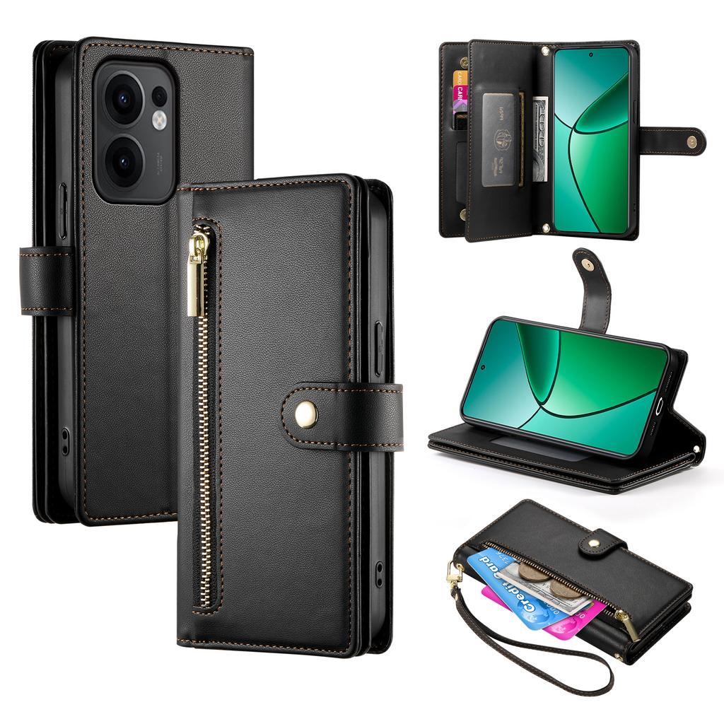 DF-011 For Oppo Reno13 F 5G Case Zipper Pocket Wallet Leather Phone Cover with Straps