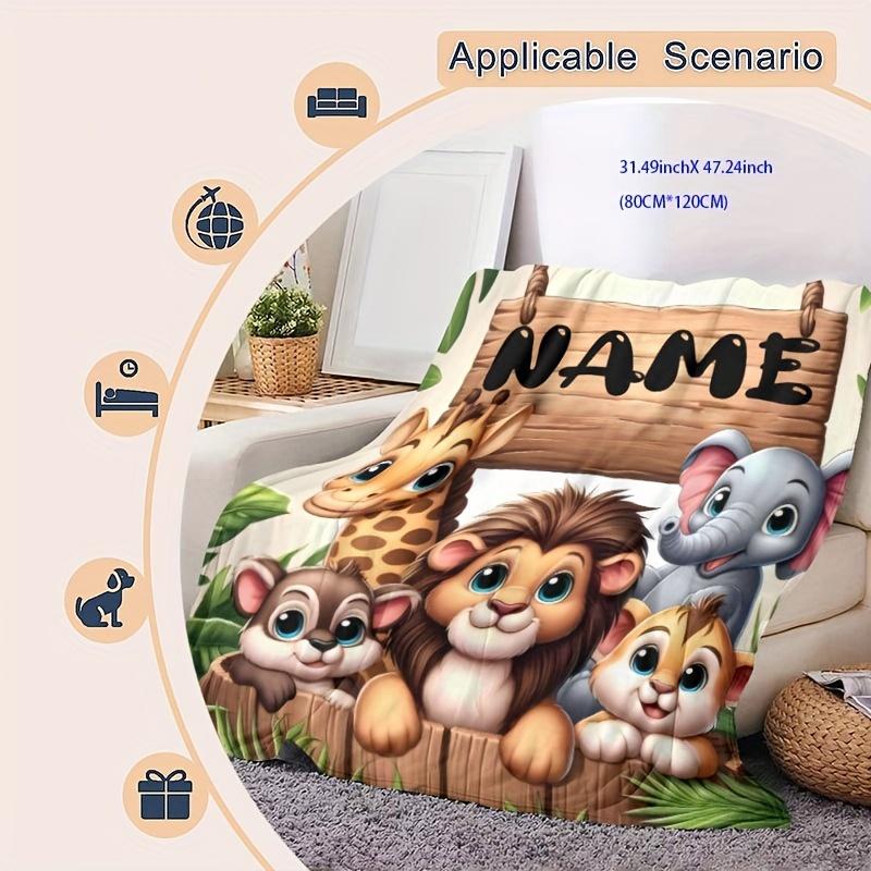 Custom Name Zoo Animal Flannel Blanket - Elephant/Lion/Monkey Print, Lightweight All-Season for Picnics/Travel, Machine Washable