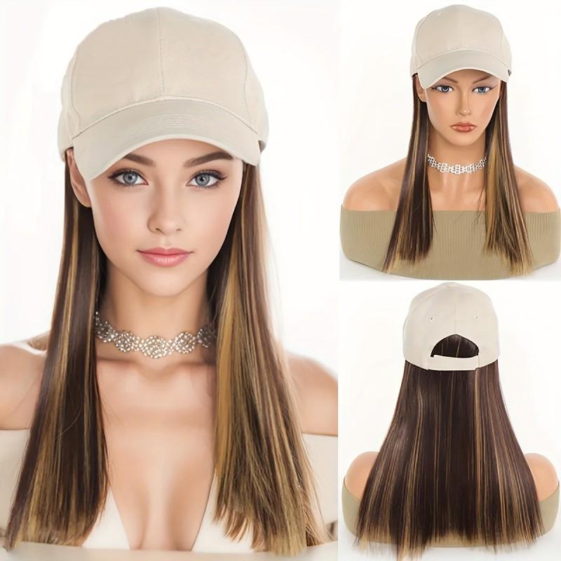 Womens Long Straight Wig With Baseball Cap All-in-One Hairpiece Fashion Sun Protection Full Head Cover