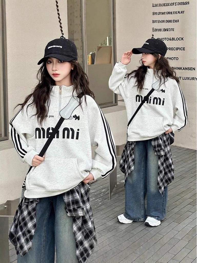 Trendy 2025 Girls' Autumn Sweatshirt & Jeans Set - Fashionable Two-Piece for Older Kids
