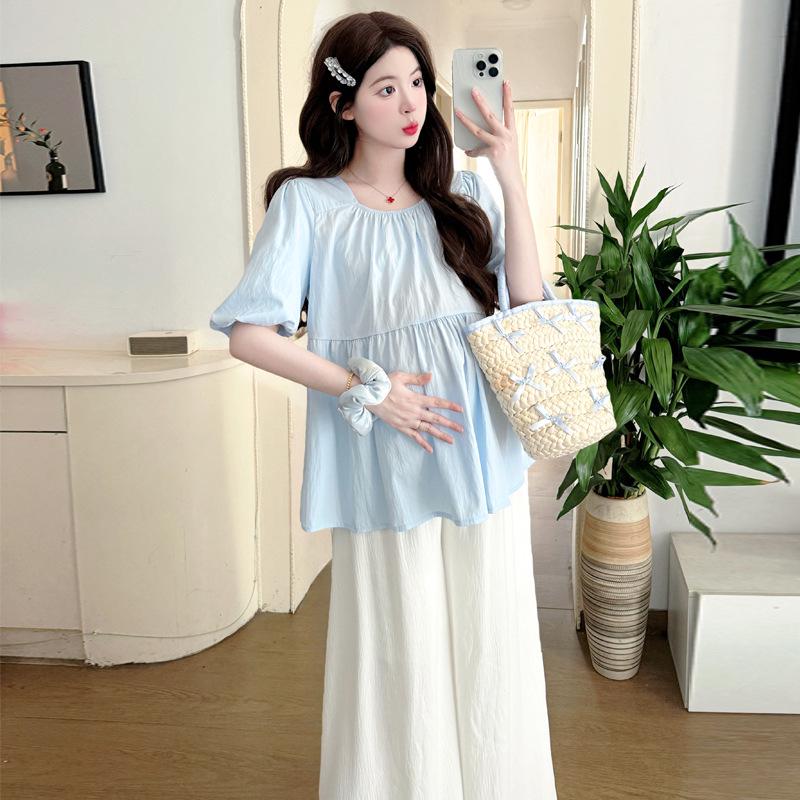 2026 Summer French Puff Sleeve Top & Wide-Leg Pants Set M