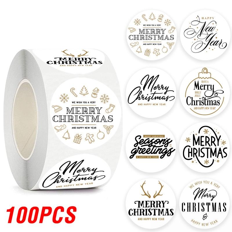 100-500pcs Merry Christmas Sticker , Round Adhesive Decoration Sticker for Cards Envelope Seal Xmas Gift Wraps Box Bags