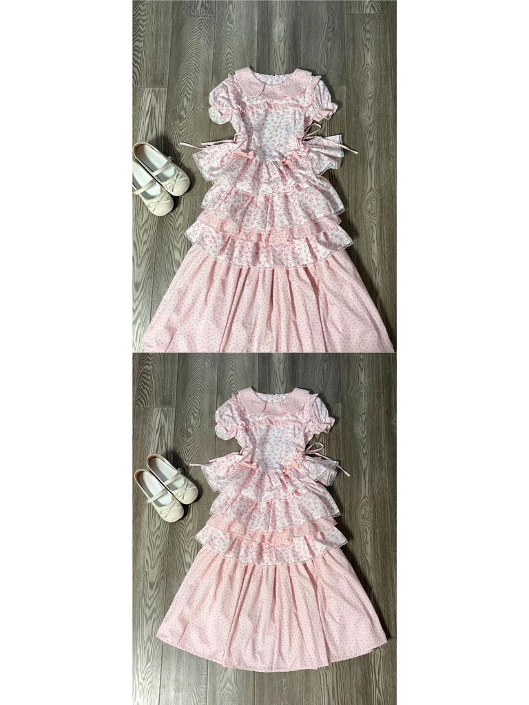 Retro Japanisches Süßes Rosa Puppenkragen Kurzarm Oberteil & Kuchenrock Set für Damen - Sommerkollektion