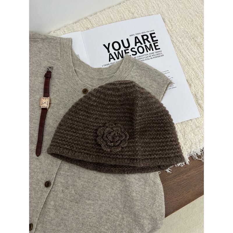 All Wool Flower Hat for Women Sweet and Handcrafted Woolen Knitted Hat  Winter Warm Ear Protecting Hat