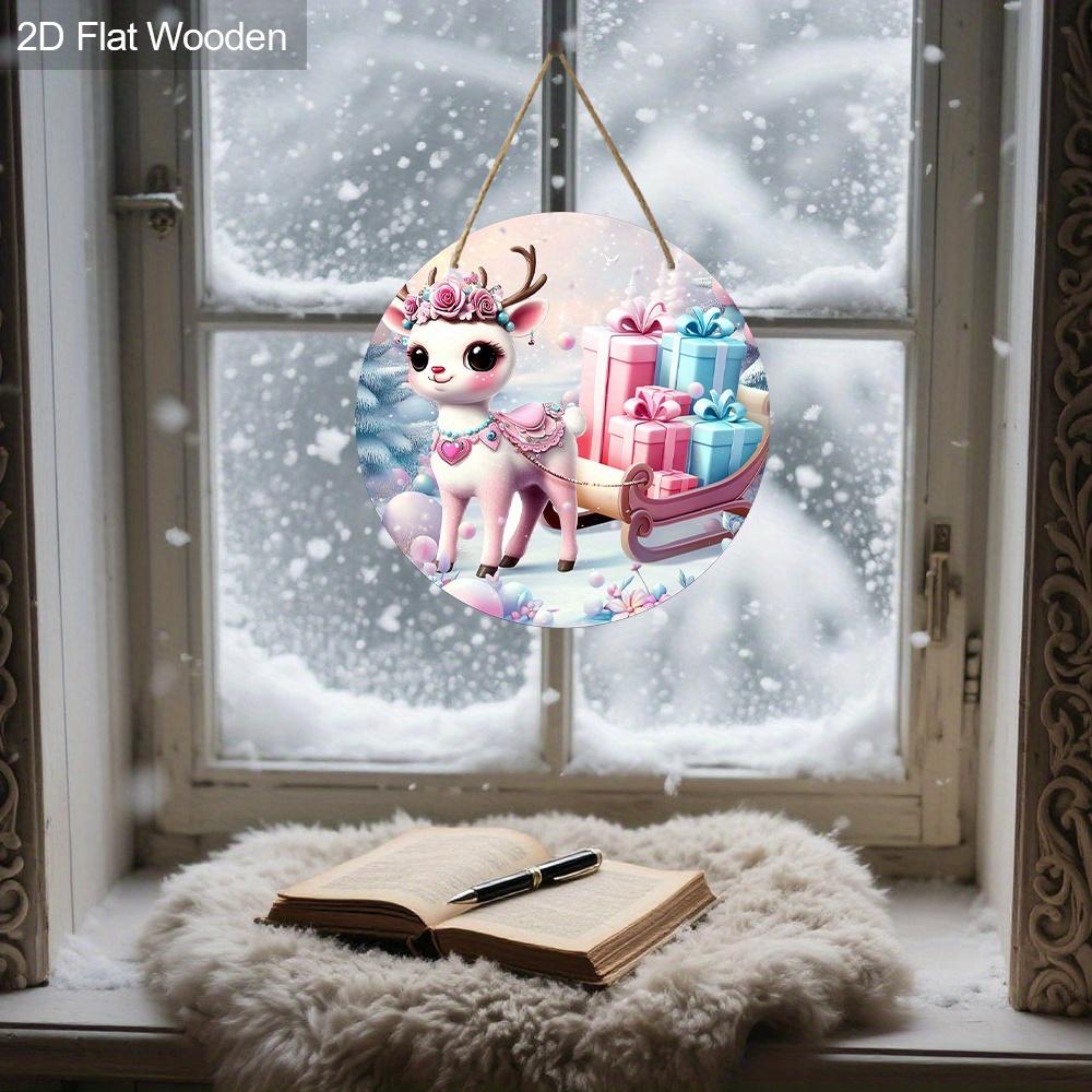 2D Flat Pink Wooden Christmas Sign, Charming Decorative Plaque with Adorable Elk Sled Pattern, Ideal for Front Door, Home, Office Decor