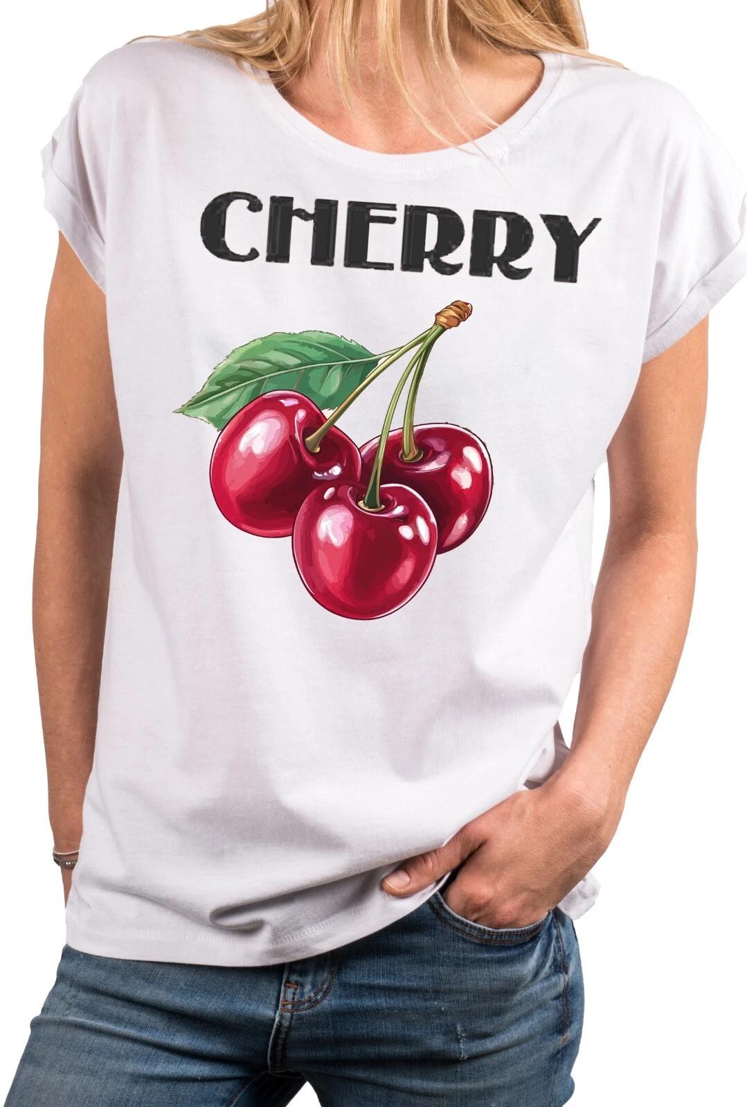 Ladies Cherry Print T-Shirt 100% Cotton Short Sleeve Top Summer Print- L