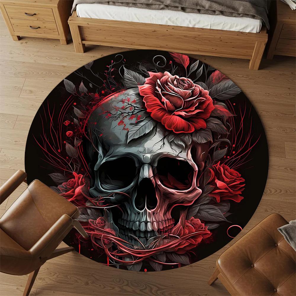1pc Skull Rose Round Chair Mat Area Rug - Non-Slip, Floor Mat for Office, Bedroom, and Indoor Decor C1125632