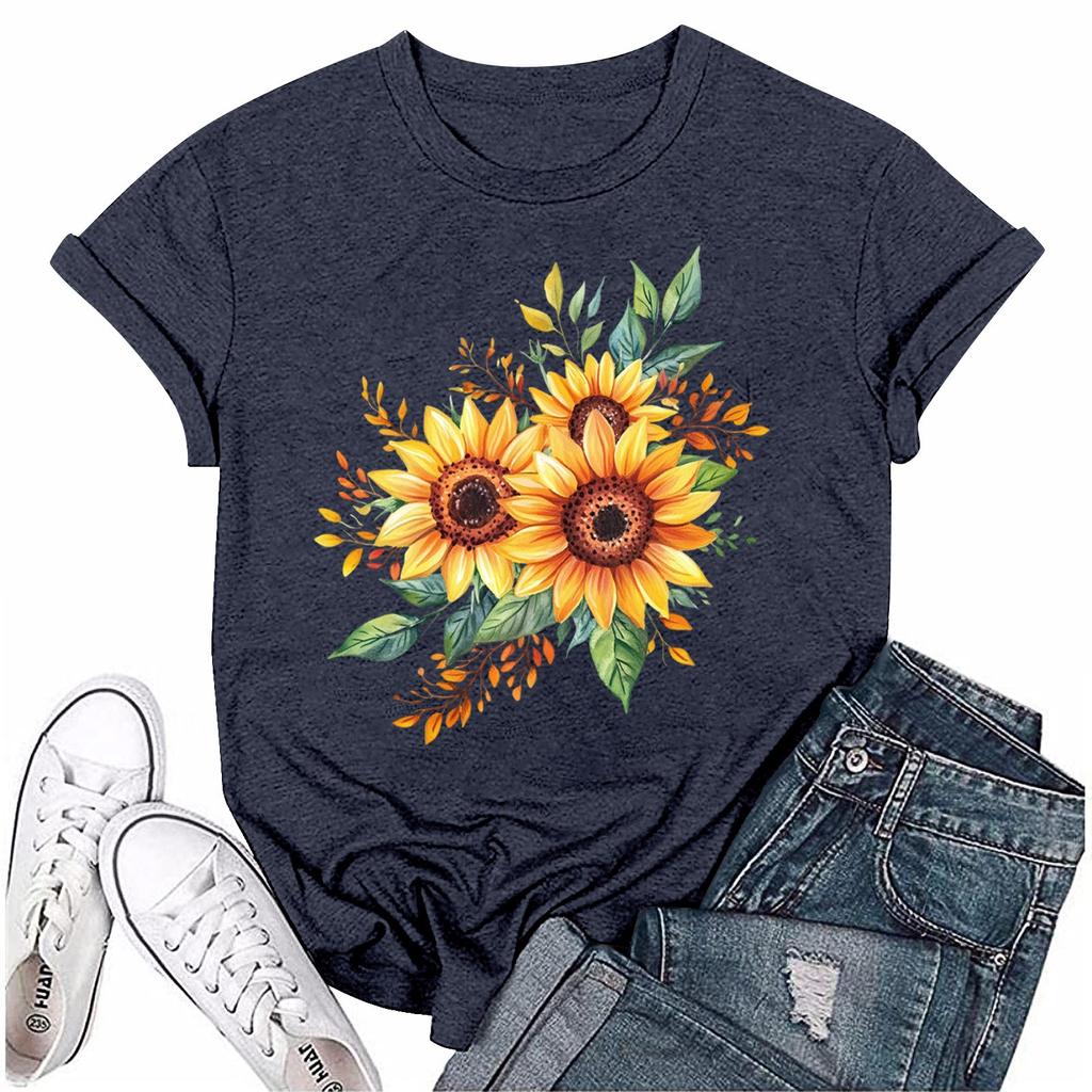 Women Fashion Printed Round Neck Short Sleeve T-Shirt Pullover Top
