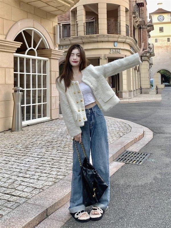 Autumn/Winter 2025 Women's Chic Loose Double-Breasted Denim Long-Sleeve Wool Coat for Petite