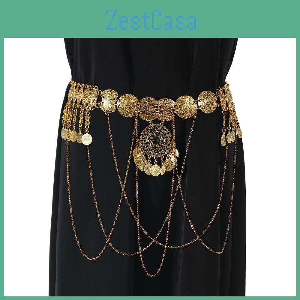 Metal Gold Antique Carved Waist Chain Women Accessory With Tassel Elements