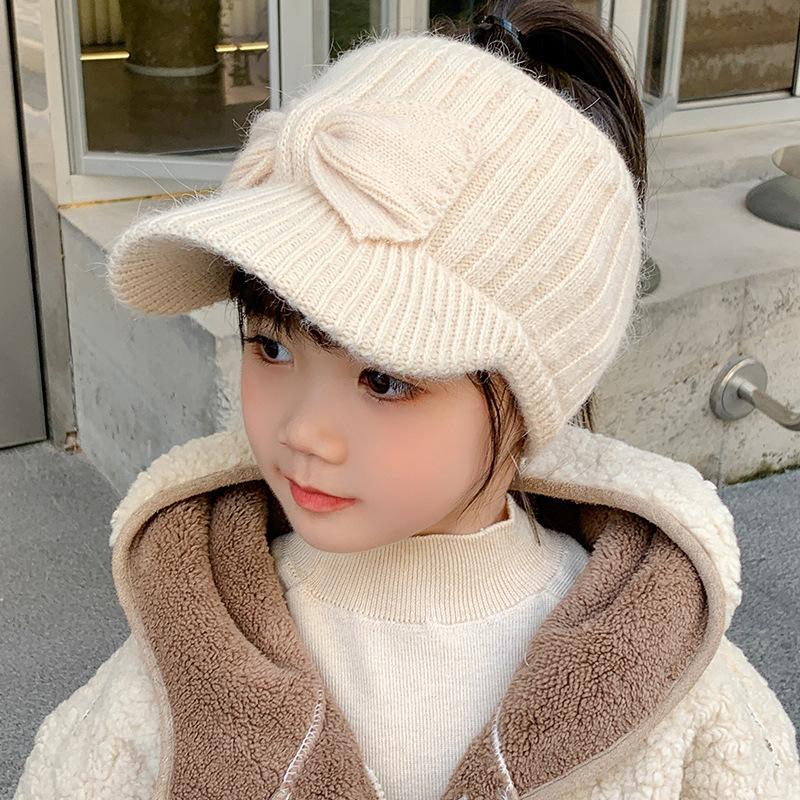 Empty Top Ear Protection Woolen Hat Baby Girl Bow Knitted Duckbill Hats 3-10Year Kids Winter Warm Earmuffs Cap Children Beanies