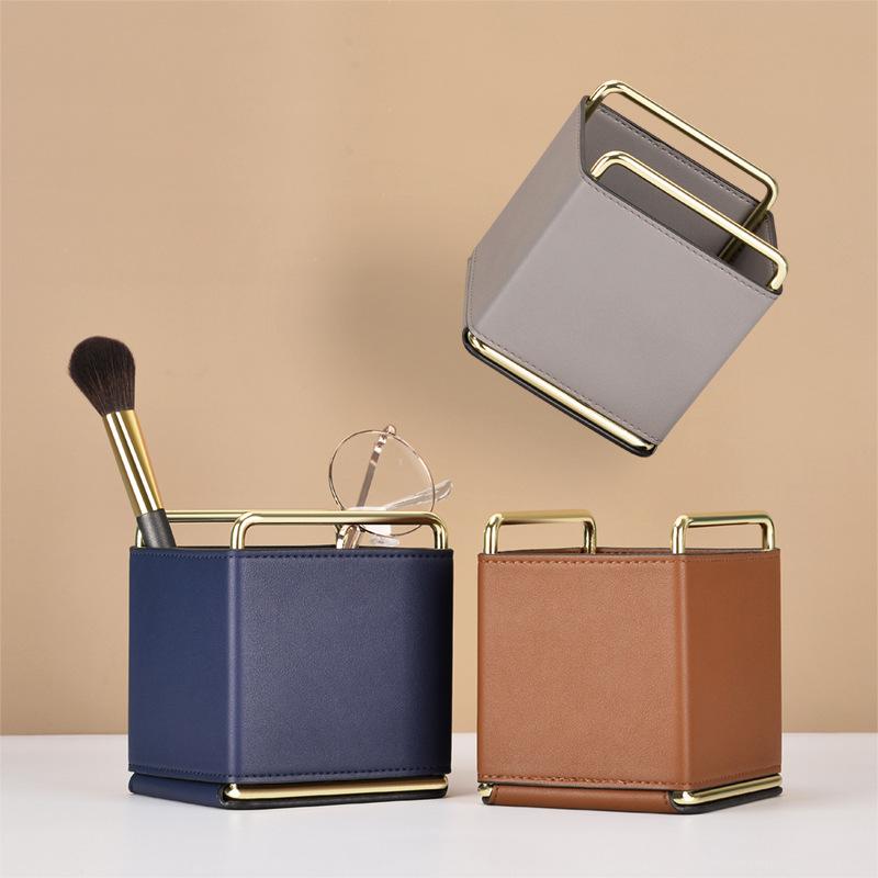 PU Leather Square Pencils Holder Desktop Stationery Organizer Case Office Accessories Makeup Brush and Miscellaneous Storage Bin