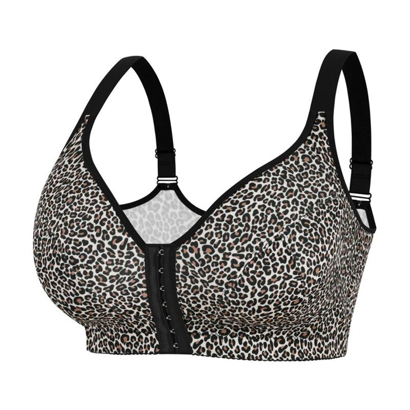 Soutien-gorge pour femme grande taille à boucle avant imprimé léopard avec bretelles réglables