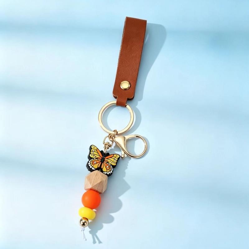 1Pcs Butterfly Silicone Beaded Keychain Personalized PU Leather Bag Charm for Camping Backpack Decor Ornament