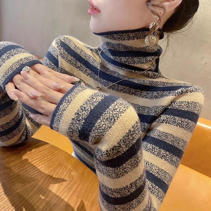 Women's Autumn/winter Turtleneck Sweater Sweater Top with Striped Pullover with Long Sleeves and Bottom