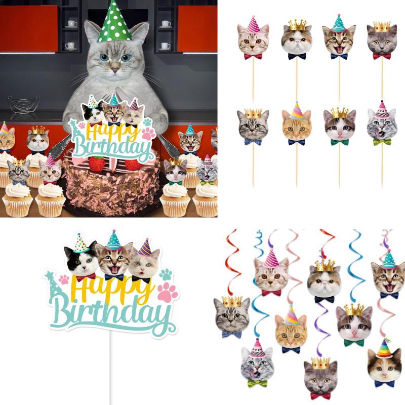 Adorable Cat Theme Birthday Party Decoration Set With Colorful Banners And Cake Toppers