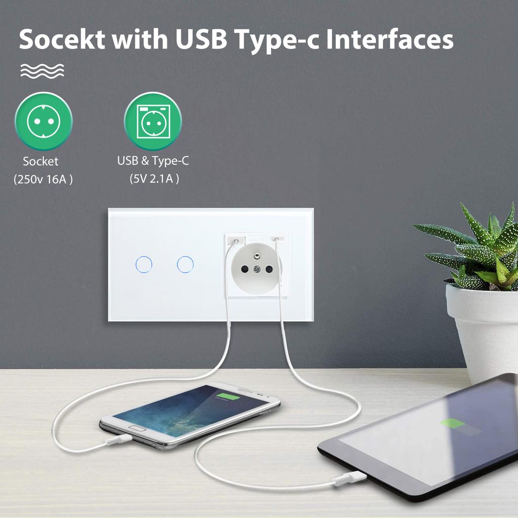 BSEED 1/2/3Gang Touch Light Switches 1/2/3Way Pass Through For Stair Plus French Standard Wall Sockets USB Type-c Charging Ports