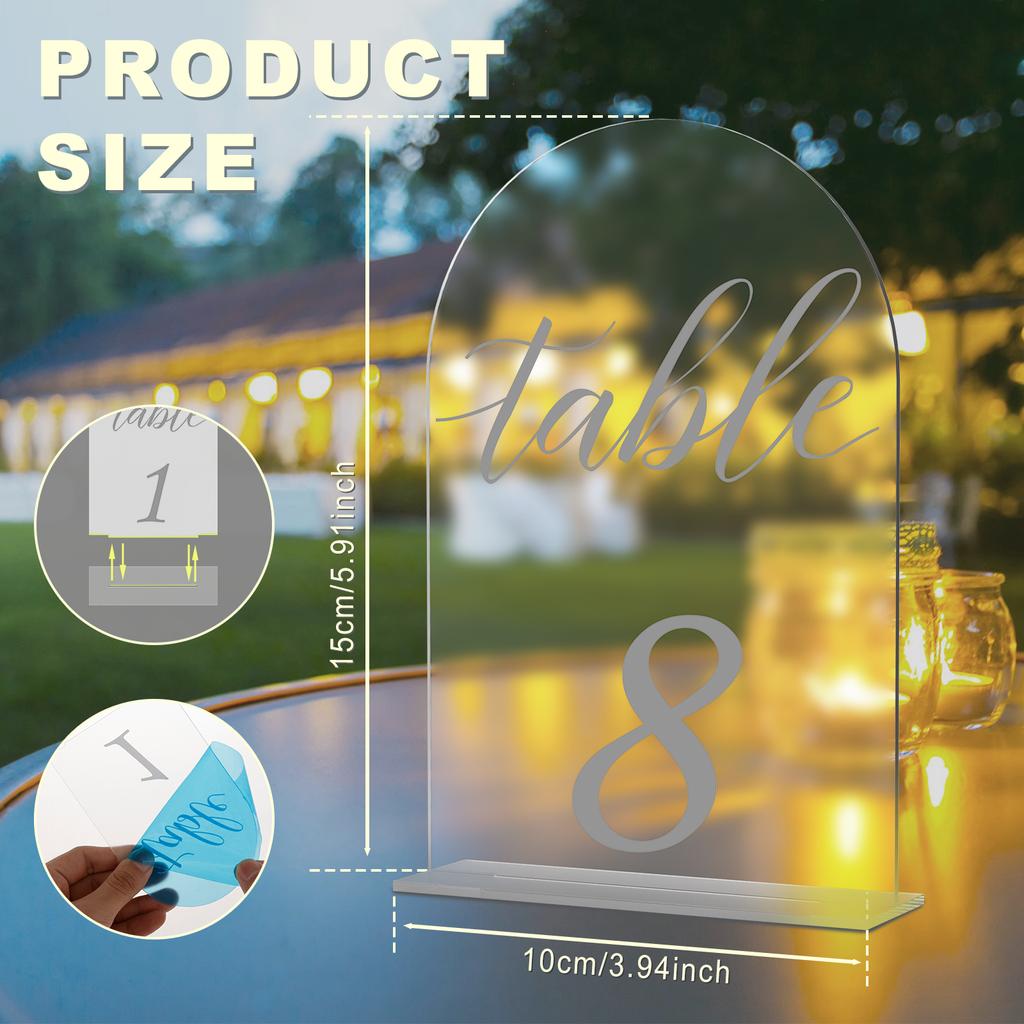 15er Pack Mattierte Gewölbte Tischnummern 1-15 mit Ständern Transparente Acryl-Tischschilder für Hochzeitsempfang Tischdekoration