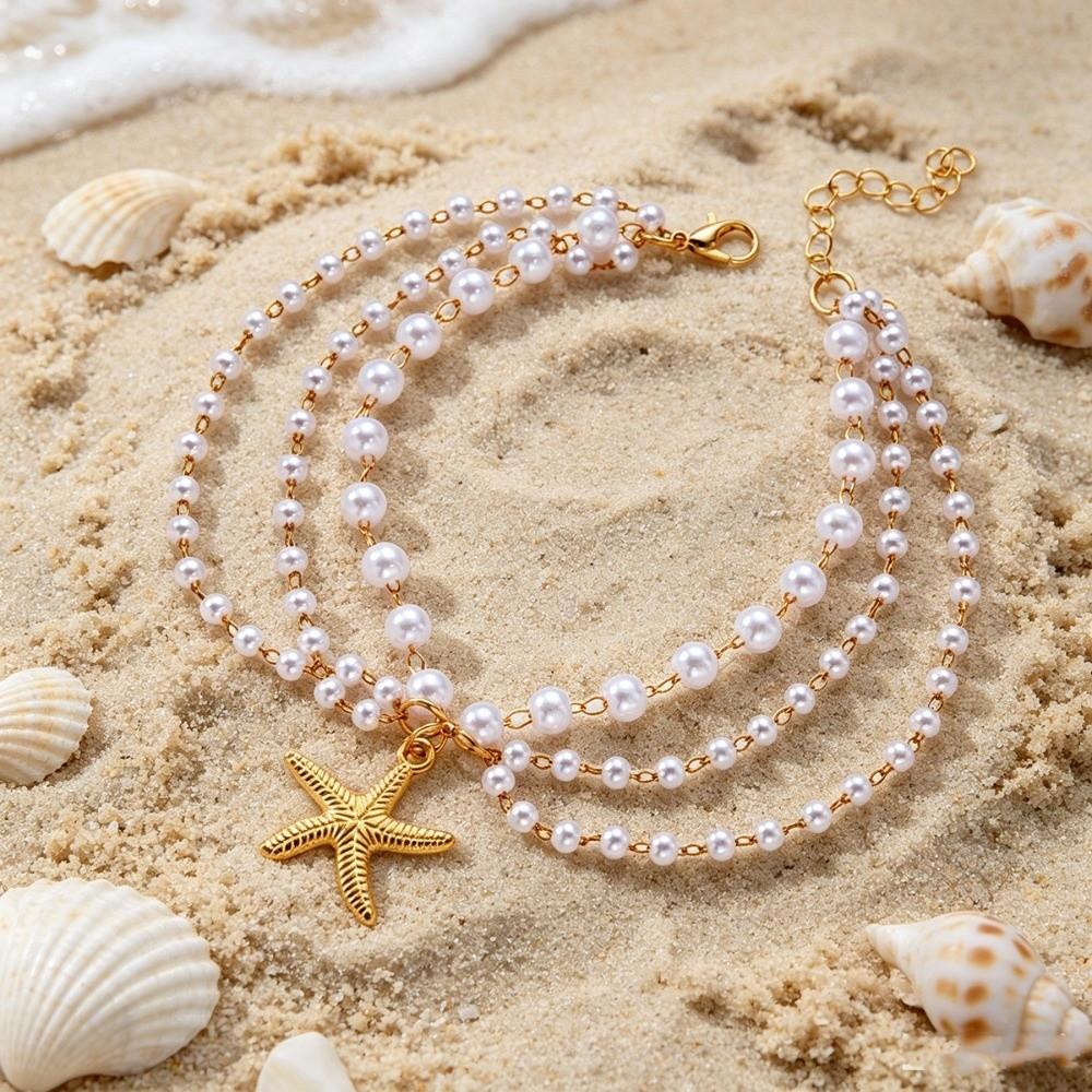 Ocean Style Imitation Pearl Anklet Bohemian Shell Anklet New Starfish Pendant Anklet  Jewelry