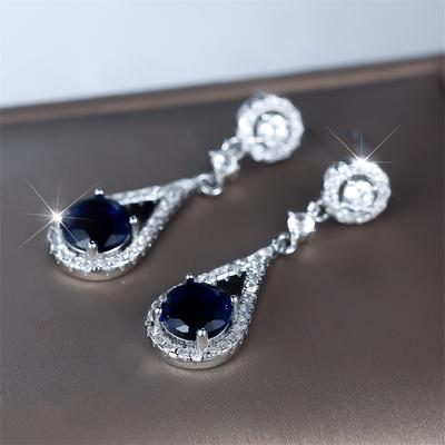 Pendentif Goutte d'Eau Boucles d'Oreilles Clous Pierre Ronde Cristal Bleu Pour Femmes Argent Vintage Boucles d'Oreilles de Mariage Cadeaux Bijoux Saint-Valentin