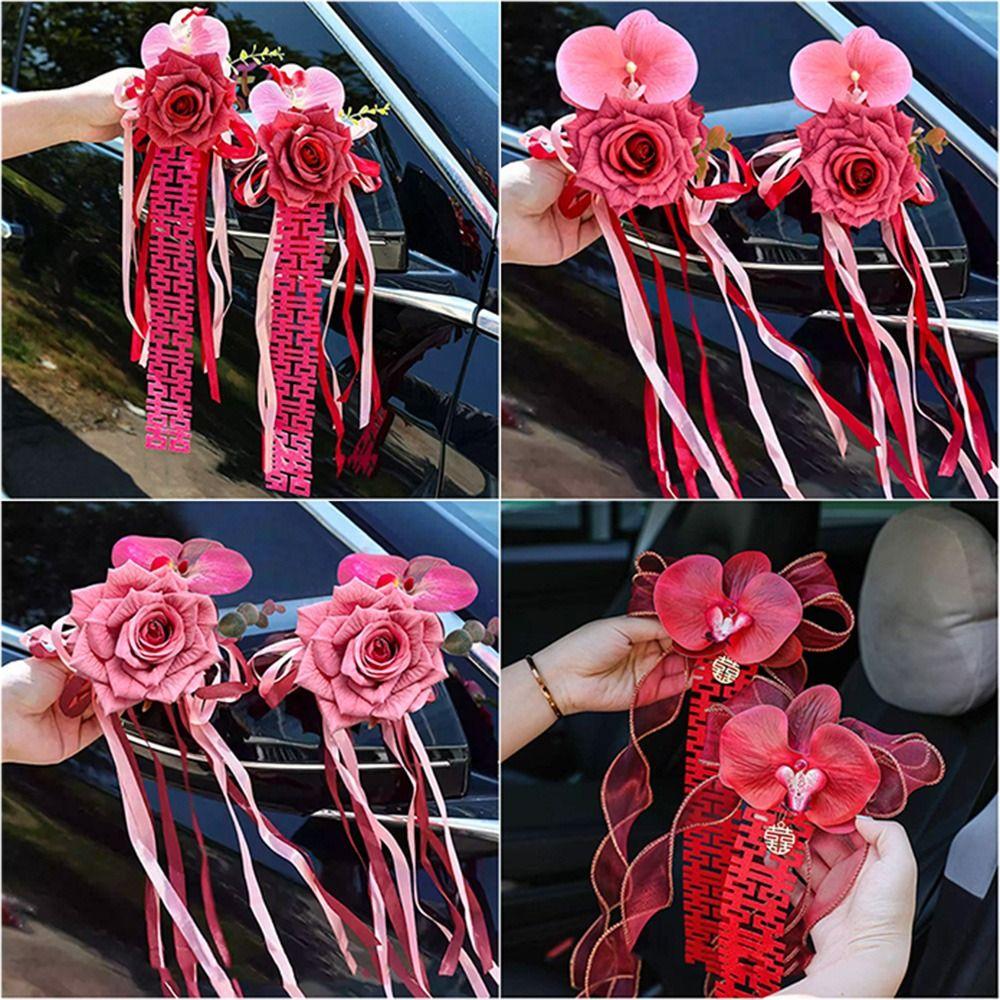 2Pcs Bowknot Car Rearview Mirror Ornament Suction Cup Wedding Decoration  Car Rearview Mirror
