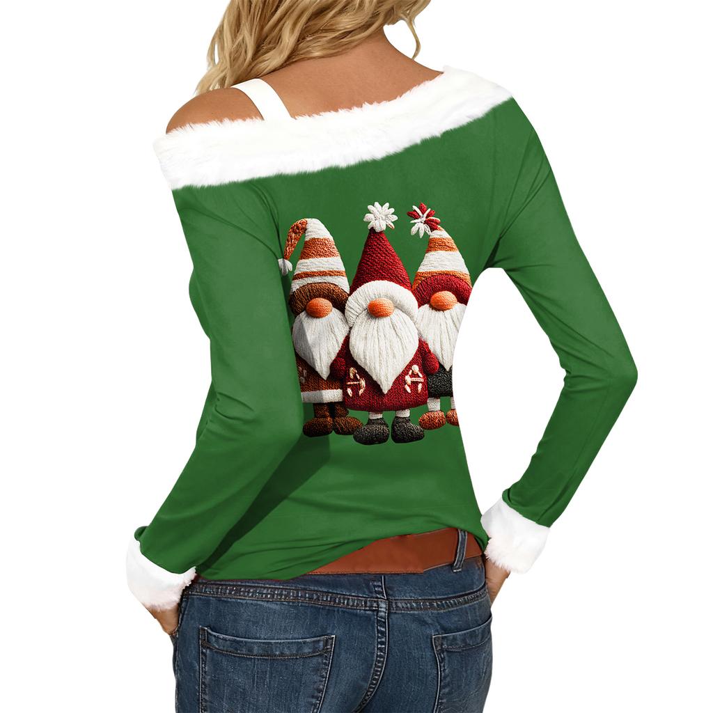 Women's Casual Fashion Sexy Off-Shoulder Collar Christmas Pattern Long Sleeve Crewneck T-Shirt Top