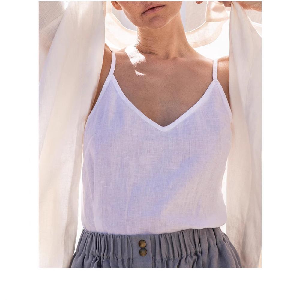 2026 summer European and American women's loose temperament simple v-neck sleeveless linen cotton solid color halter top
