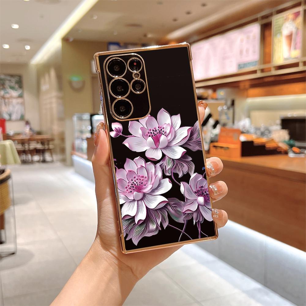 Luxury Plating Phone Case For Samsung Galaxy Note 10 20 Lite S24 S23 S22 S21 S20 Ultra FE Plus 5G Pink Lotus Silicone Soft Cover