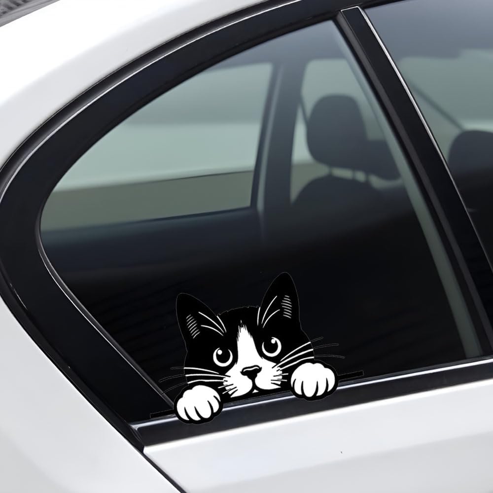 Peeking Cat Car Stickers Car Window Decals, Waterproof Removable Vinyl Black White Animal Decals for Cars Motorcycles Laptops, Funny Pet Design,