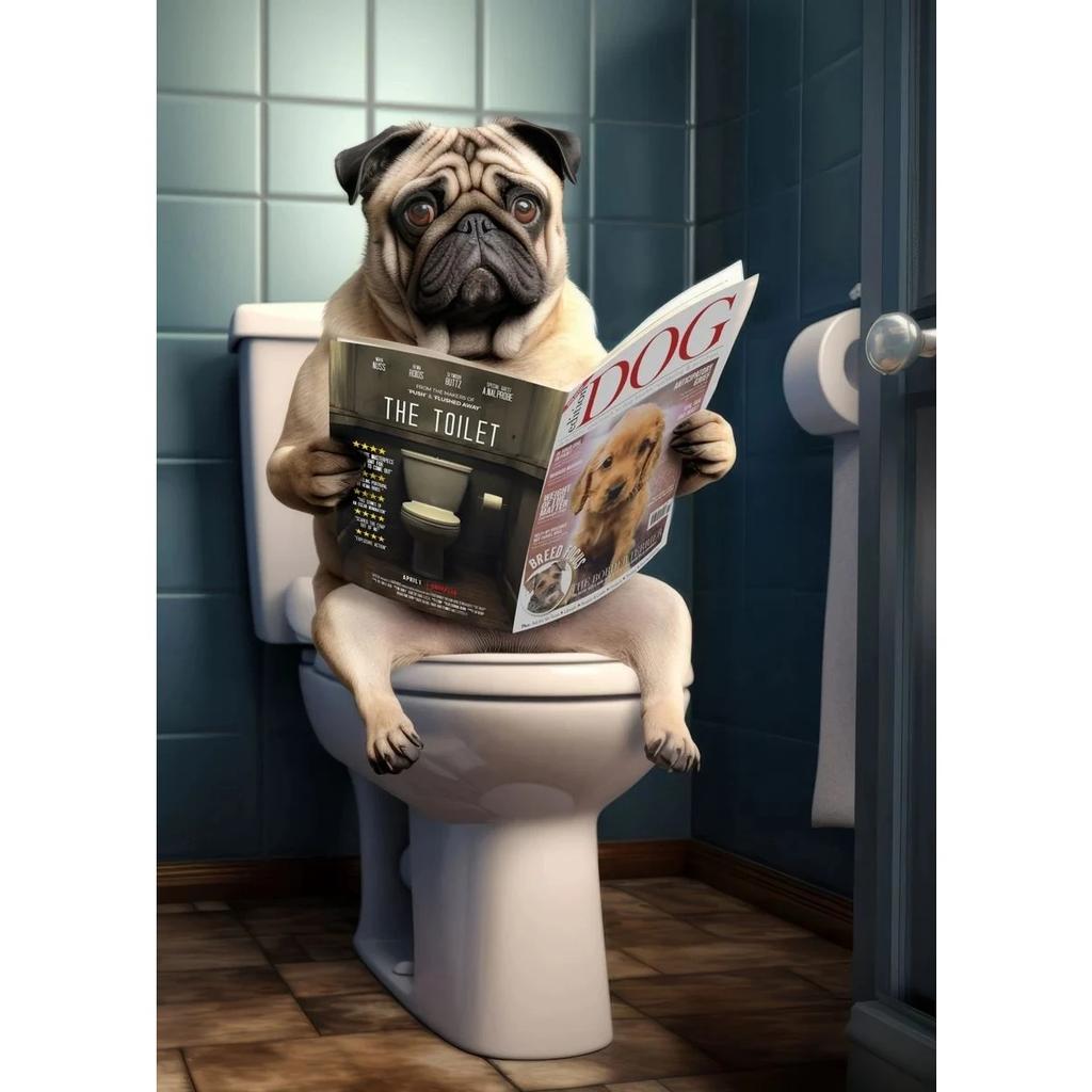 Dog Monkey Highland Cow Sitting on The Toilet Reading Newspaper Poster Animal Print Canvas Painting Funny Bathroom Wall Decor