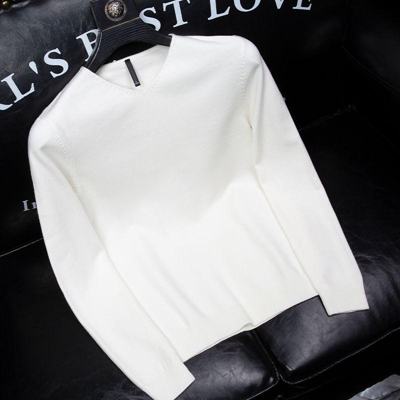 Men's Autumn and Winter Pullover V-neck Spliced Sweater Knitted Solid Color Fashion Commuter Versatile Long Sleeved Tops