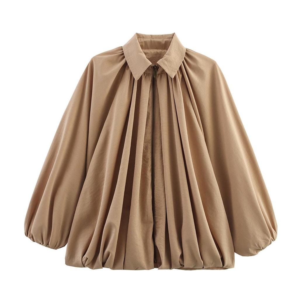 European and American Women's Loose Puff Sleeve Bomber Jacket with Turn-Down Collar