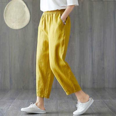 Pantaloni da donna alla caviglia in vita elastica tinta unita Pantaloni da donna con tasca in lino e cotone primavera estate