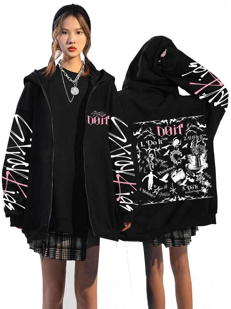Sudadera con capucha estampada suelta con cremallera Harajuku de Stray Kids En stock