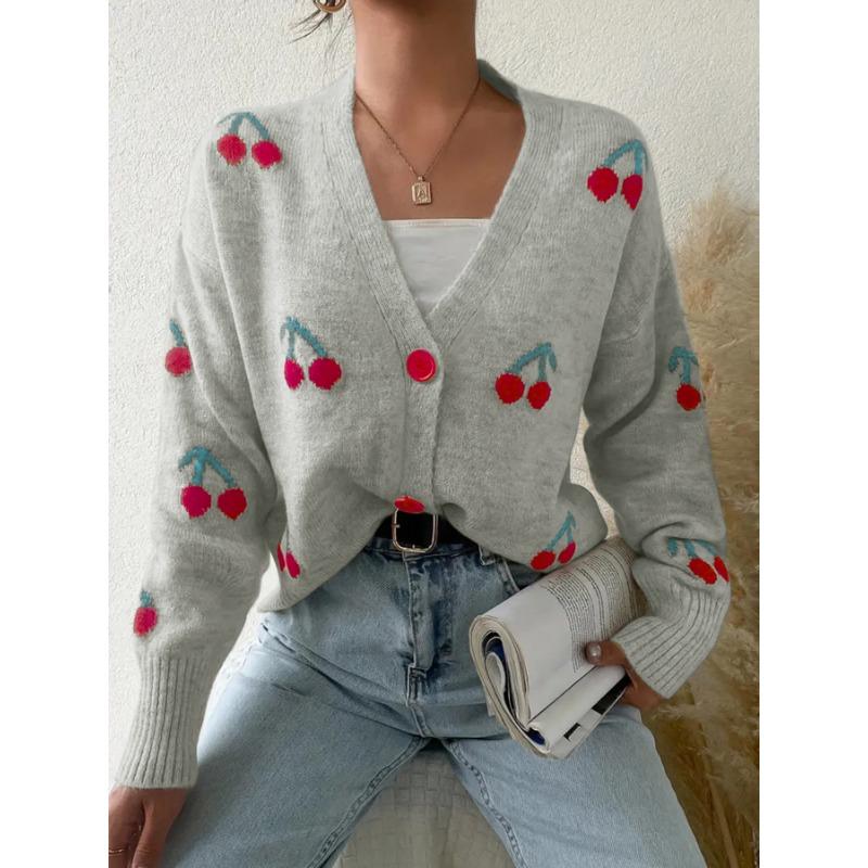 Women S Casual Cherry Pattern Knit Cardigan V Neck Loose Fit Button Detail Sweet Sweater