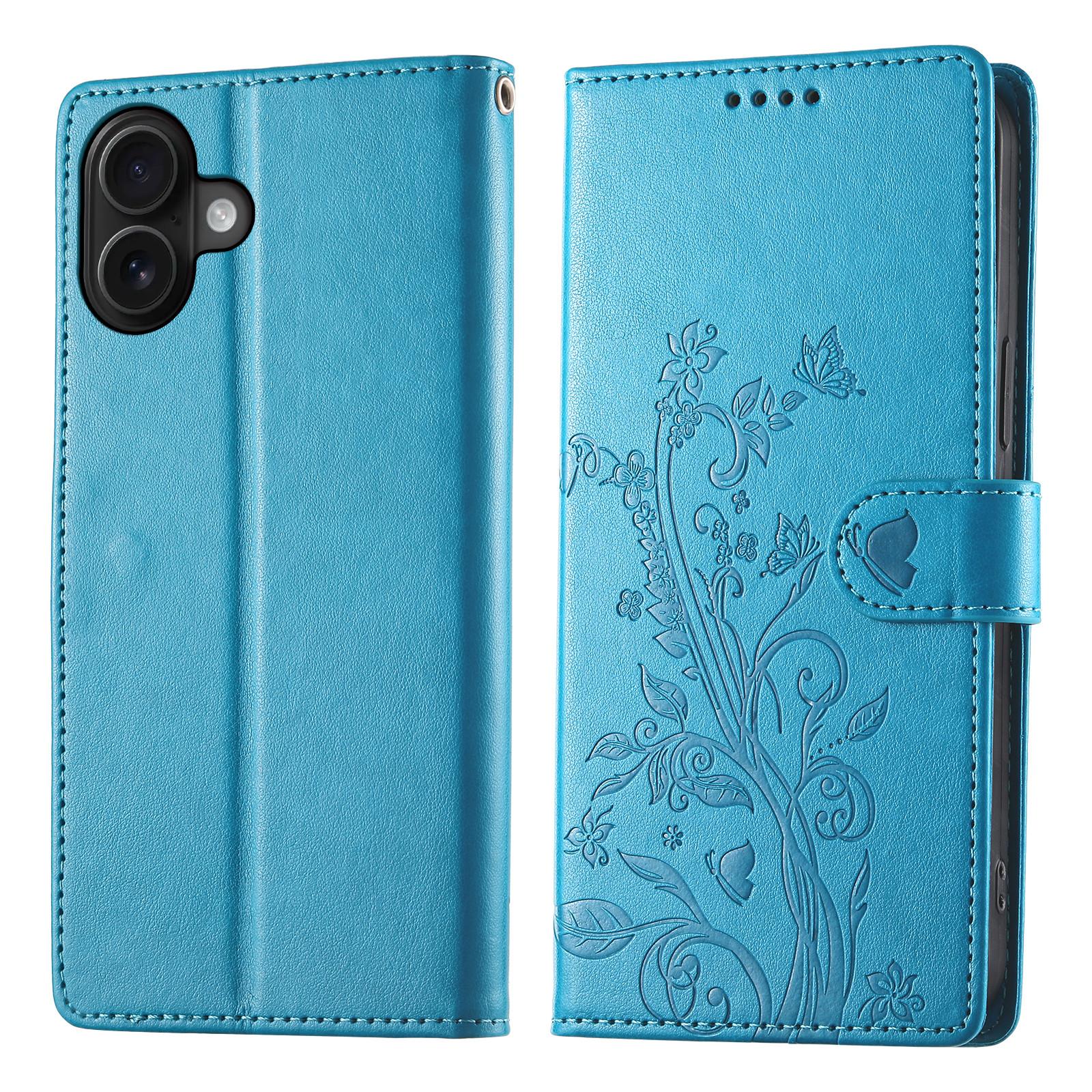 

For iPhone 17 Wallet Case Butterfly Floral Imprint PU Leather Phone Cover with Wrist Strap Blue
