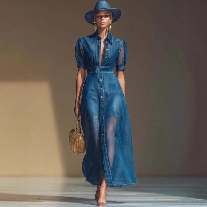 Utsökt V-ringad Kortärmad Jacka & Organza Blå Denim Lång Kjoldräkt