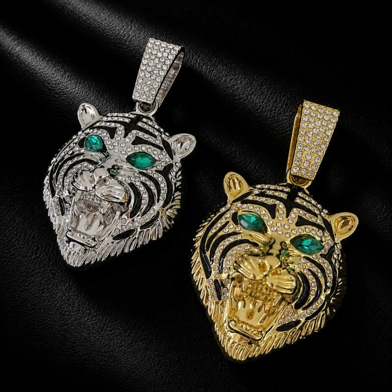 Hip Hop Style Alloy Tiger Pendant With Green Gemstone Eyes Rhinestone Accents Men