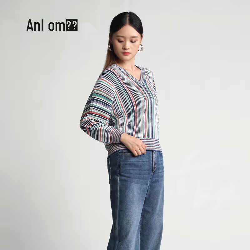 Anlom Women's V-Neck Striped Long-Sleeve Knit Top