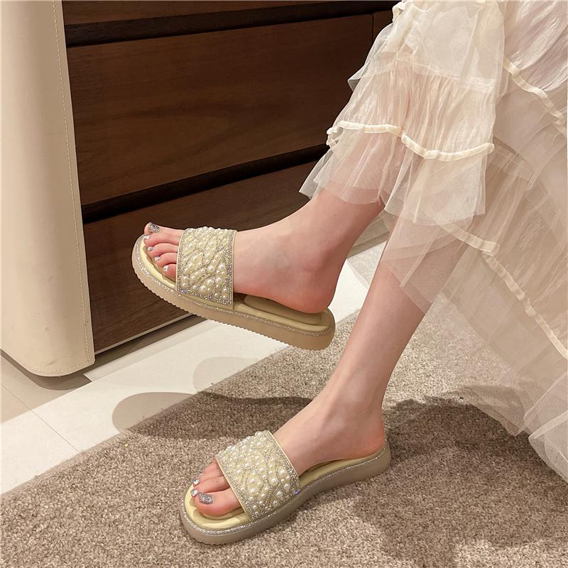 

Fashion Fashion Flat Sandals Summer New Round Head Open Toe Crystal Beaded Soft Sole Anti-slip Wear-resistant Slippers 35